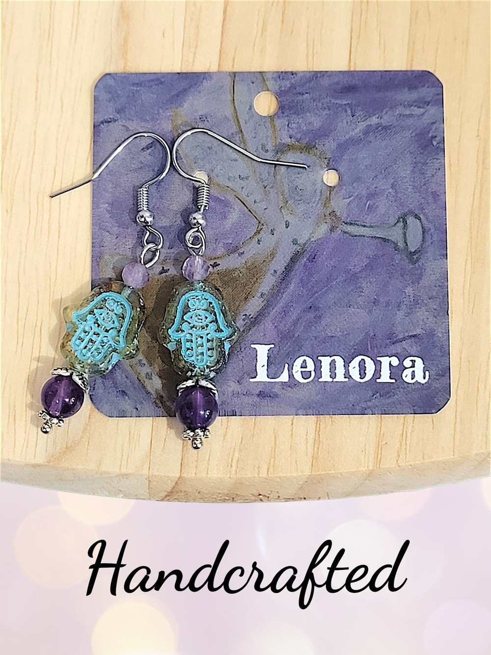 Hand Crafted Turquoise and Purple Czech Glass Hamsa Dangle Amethyst Earrings - Picture 7 of 11